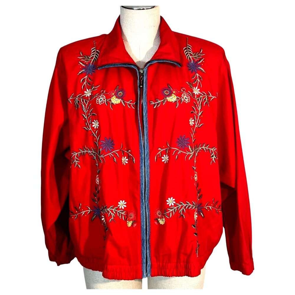 Koret City Blues Embroidered Floral Red Jacket Zipper Closure Size L‎ Coat VTG